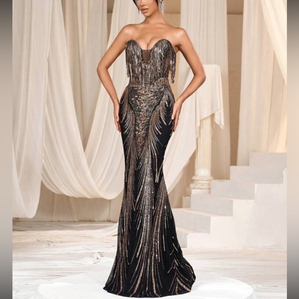 Luxe champagne mermaid hem party formal evening wedding gown dress - Picture 3 of 6